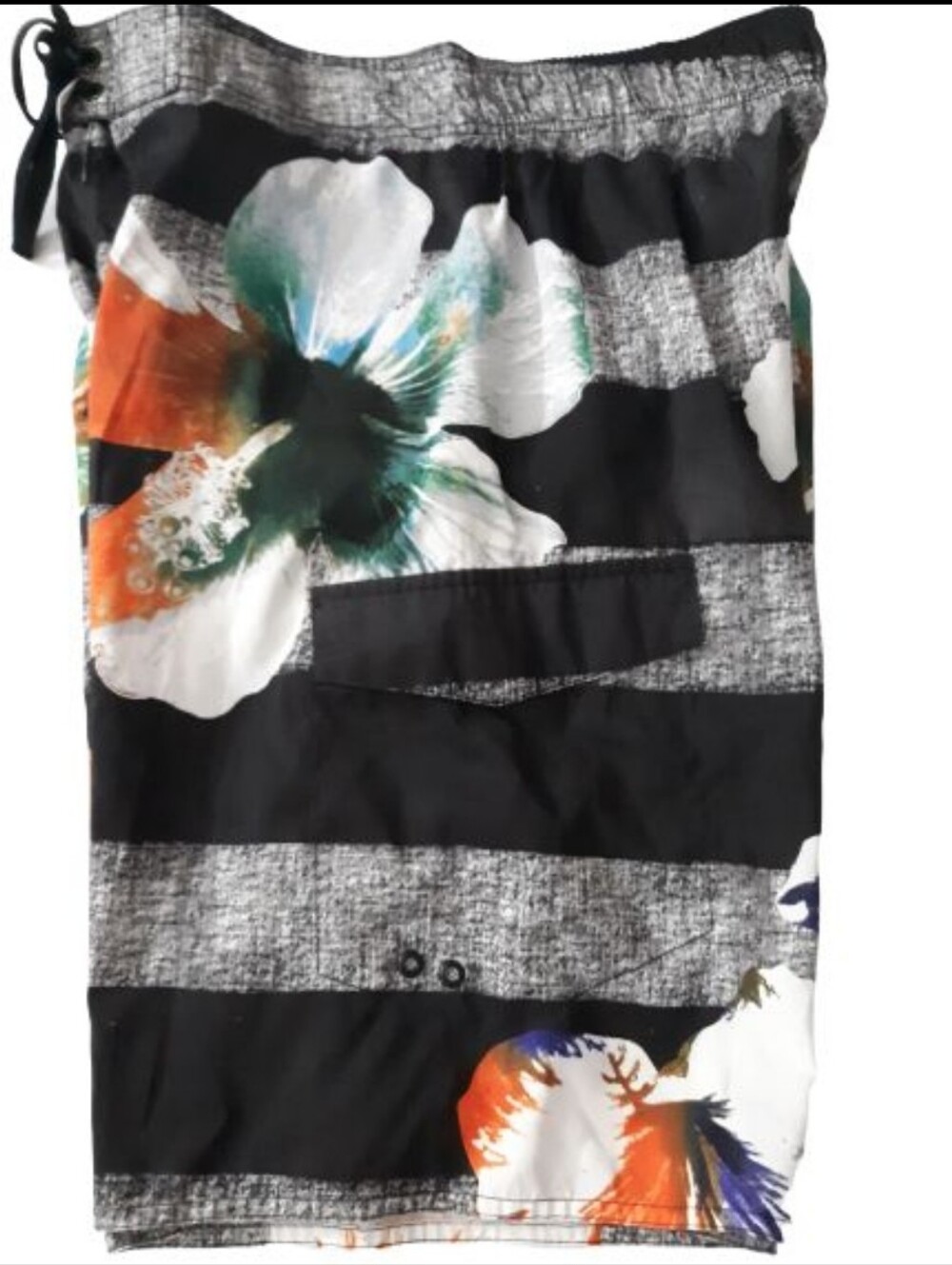 Hang Ten Mens Floral Striped Swim Trunks Board Shorts Black Grey Orange Medium